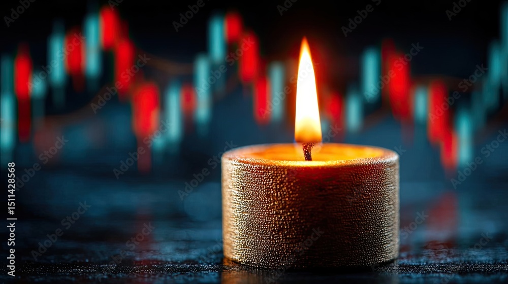 Poster Candlestick pattern based on entry and indicator exit timing concept. A candle illuminates the dark, symbolizing hope in trading.