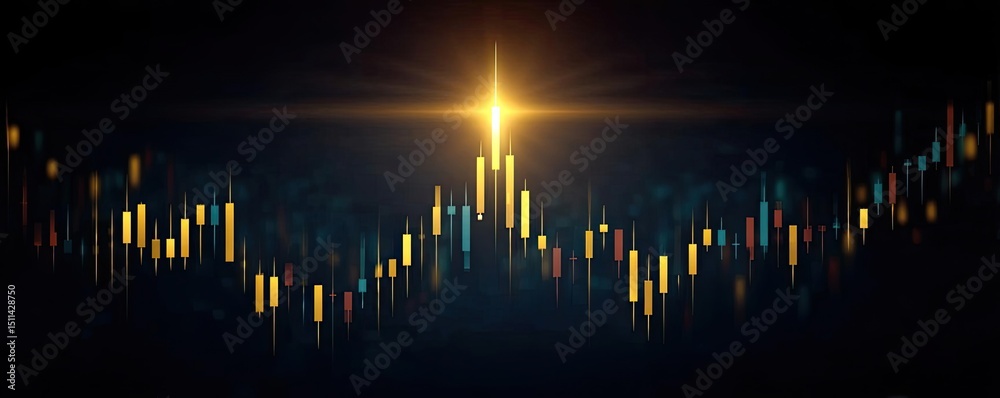 Poster Candlestick pattern based on entry and indicator exit timing concept. Abstract financial market chart with glowing light effect.