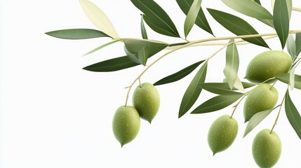 Olive Branch with Ripe Green Olives and Lush Leaves Against a White Background