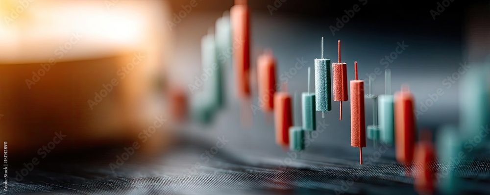 Poster Candlestick pattern based on entry and indicator exit timing concept. Close-up of a stock market graph with colorful candlestick data.
