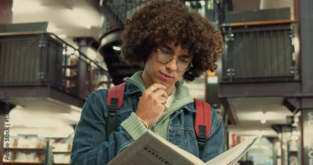 Fototapete reading, student and man with book, library and research for exam, learning or studying for college.