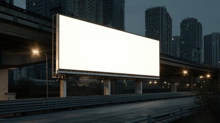 Obraz premium Empty Billboard on Urban Roadway at Dusk with City Skyline Backdrop