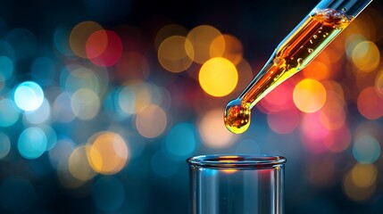 Close-up of pipette dropping liquid into glass test tube with colorful bokeh lights symbolizing scientific research and precision .