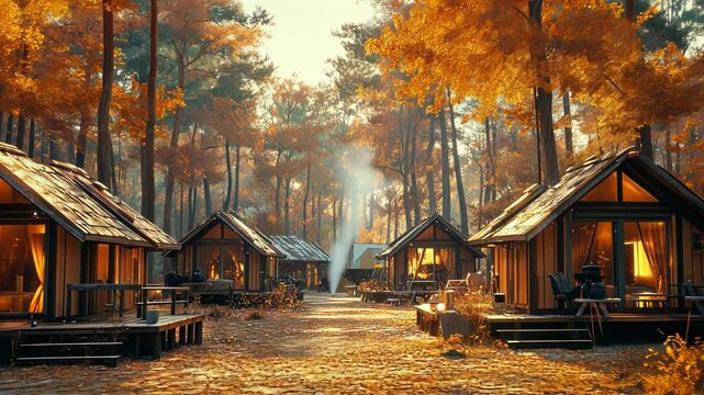 Autumn cabin row in a serene forest