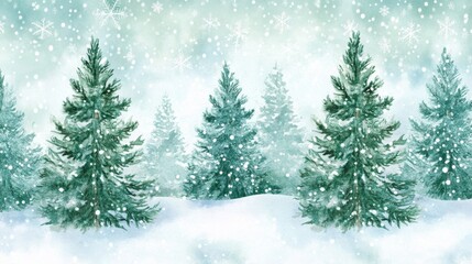 Fototapeta premium Charming watercolor pine trees capturing softly falling snow in a serene winter landscape from a tranquil viewpoint