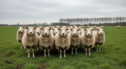 Fototapeta premium Flock of Fluffy Light-Colored Sheep Standing in Green Field Under Overcast Sky with Bare Trees
