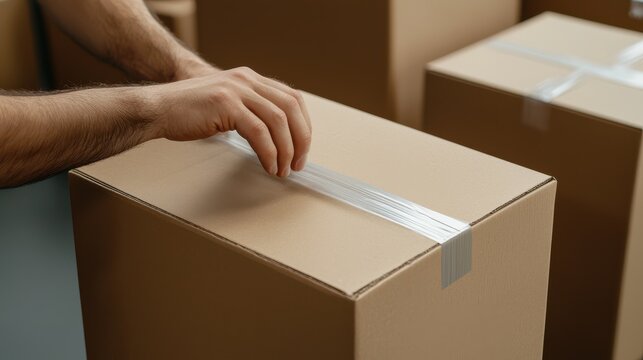 Person Applying Clear Tape on Cardboard Box for Shipping and Packing - Powered by Adobe