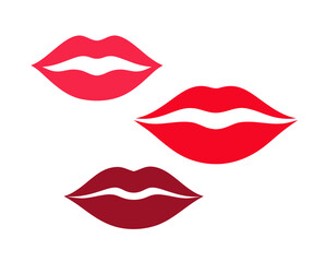 Beautiful stylized painted red female lips of different shapes, vector illustration, flat design. A graphic element for decoration, design, packaging, cover, makeup, cosmetics. The kiss is isolated