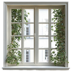 Charming window frame adorned with lush green plants creating a peaceful atmosphere