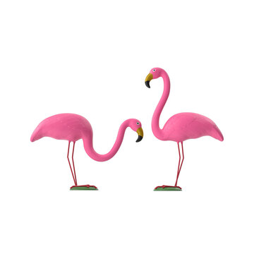 Two Pink Plastic Flamingo Garden Lawn Ornaments Isolated on Transparent Background
