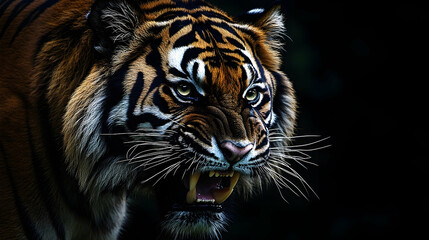 Naklejka premium Close-up of a tiger's head, displaying sharp features.