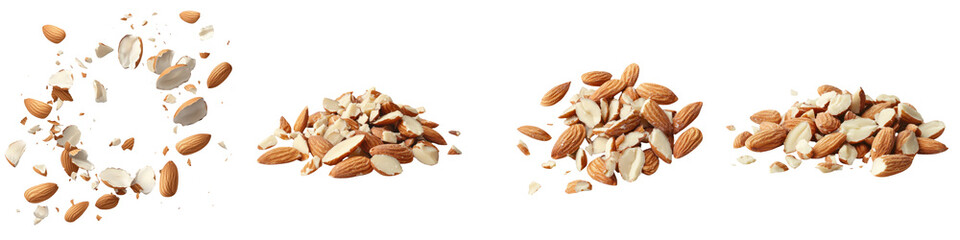 Colorful ice cream flavor ingredients concept. Crushed and whole almonds scattered showcasing raw natural nuts