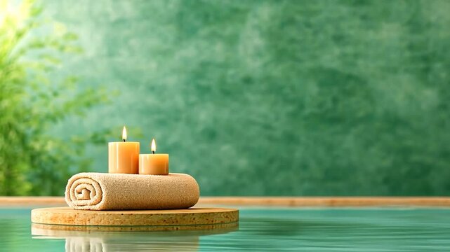 Spa Serenity: Candles, Towel, and Tranquil Water