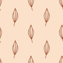 Brown Leaves Seamless Pattern. Neutral Beige background with leaf in doodle style. Line foliage repeat vector illustration