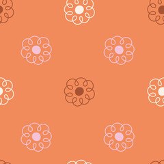 Creative Doodle Flowers Seamless Pattern. Simple cozy floral background with scribble blossoms on orange layout. Repeat vector illustration