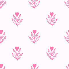 Romantic Flowers Pink Seamless Pattern. Wedding floral background with heart shapes and leaves. Simple love line repeat vector illustration