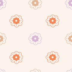 Vintage Flowers Seamless Pattern in doodle style. Colorful retro daisy and chamomile blossoms on beige background. Cute simple minimal design. Repeat vector illustration