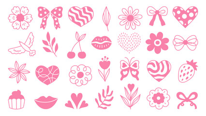 Romantic Doodles Set. Large collection of hand drawn pink love coquette symbols. Hearts bows flowers berries for wedding design. Vector illustration