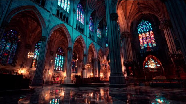 Interior view of a grand cathedral with stained glass windows and marble floor with reflections