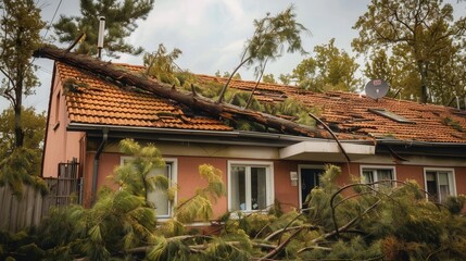 A massive tree lays across a damaged roof of a residential home after a powerful storm.
