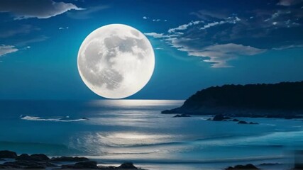 A bright full moon shining over a calm ocean with distant land and scattered clouds at night time sky - Powered by Adobe
