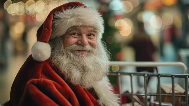 Santa Claus, dressed in his iconic red suit with white fur trim, smiles at the camera. He has a full white beard and kind eyes. He is in a shopping area with Christmas gifts.