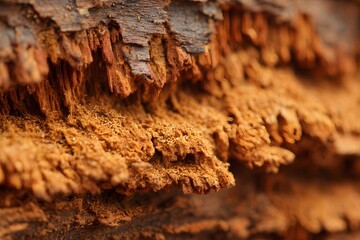 Fototapeta premium Macro shot of aged wood bark in shades of brown and orange, revealing intricate textures and details. The natural patterns and textures of the bark create a captivating and visually appealing image