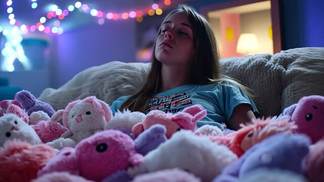 Child relaxing with stuffed animals in cozy room with soft colorful lighting