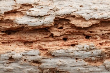 Fototapeta premium Detailed macro shot of weathered wood, showcasing intricate textures and the effects of natural processes. It reveals the beauty of aging and the unique patterns formed by time and elements
