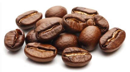 Naklejka premium Closeup of coffee beans on white background coffee photography food art studio setting macro view coffee culture