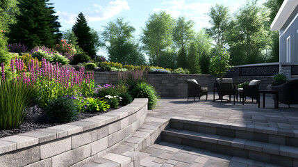 Landscaped patio with retaining walls and pavers, creating a beautiful outdoor space