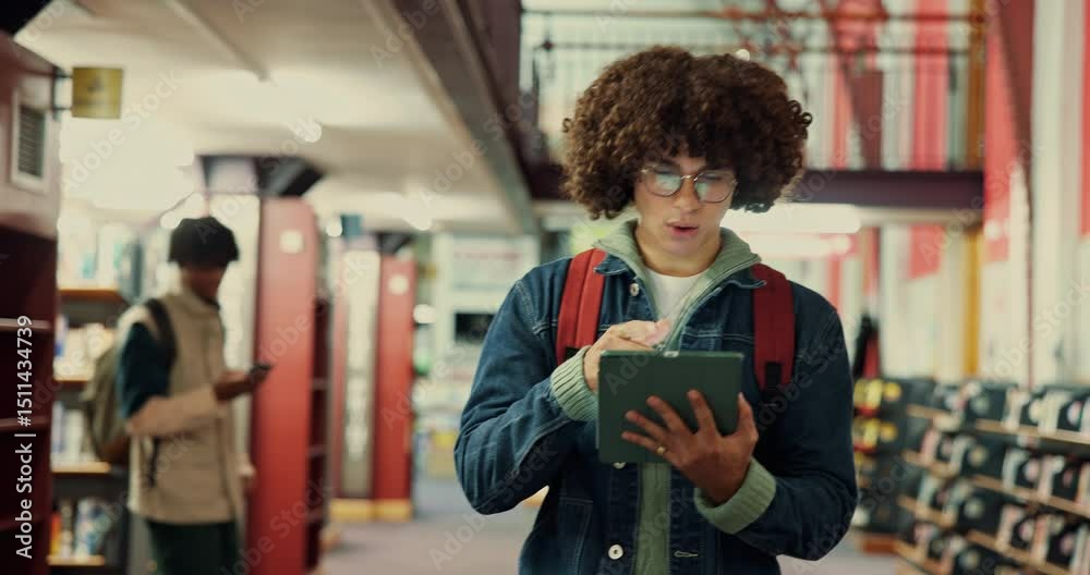 Poster Man, college student and thinking with tablet at library for research, notes and check schedule for studying. Person, digital touchscreen and app for learning, education and scholarship at university