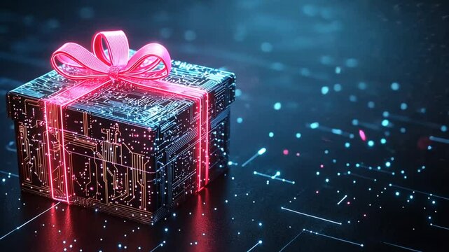 Futuristic digital gift box with glowing circuit patterns perfect for technology themed celebrations - Powered by Adobe