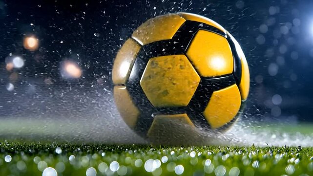 Dynamic Soccer Ball Action Shot: Wet Yellow and Black Soccer Ball Rolling on Grass