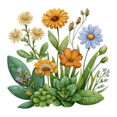 Vibrant Orange and Blue Flower Bouquet with Dew Drops