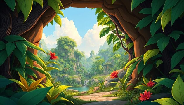 Cartoon jungle scene, overgrown portal, lost landscape visible through archway,  lush,  exotic