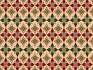 Abstract earth tones of pink purple and green flower pattern on ethnic motif textiles textured on elegant wallpaper background. 