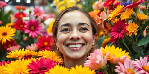 Close-up cheerful face amidst vibrant blooms at flower shop,  bright,  portrait