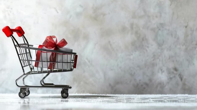 Gift box adorned with a red ribbon, carefully placed inside a miniature metal shopping cart set against a frosty white backdrop, evoke the spirit of generosity and celebration. 