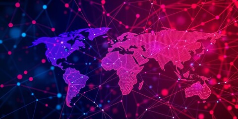 Crimson and indigo nodes & lines depict global digital finance, complex network, digital finance,  growth