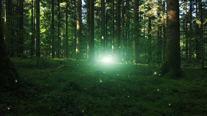 Mystical green fairy tale forest landscape with fireflies.