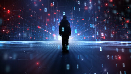 People dark silhouette in digital network cyberspace illustration.