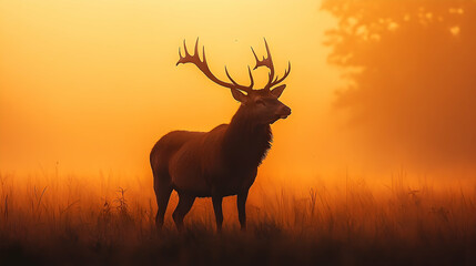 Majestic stag silhouetted at sunrise.