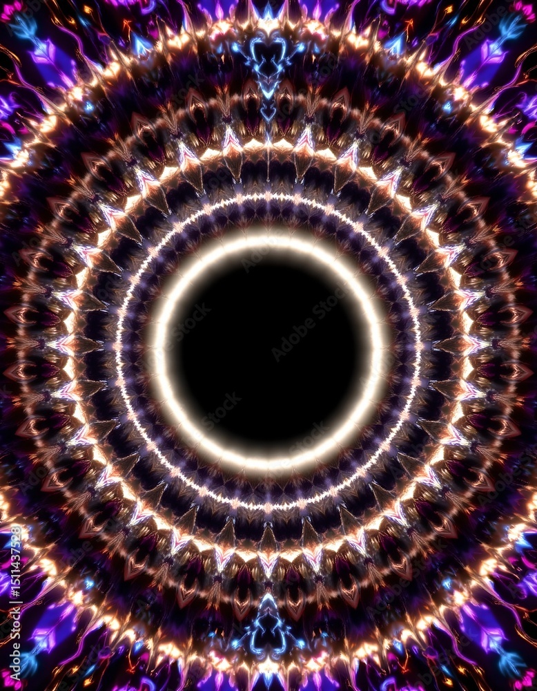 Poster digital fractal style with repeating glowing border patterns, radiating into a dark, empty space