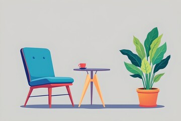 flat lay illustration of a chair, table, and potted plant in bright, contrasting flat colors on a neutral background