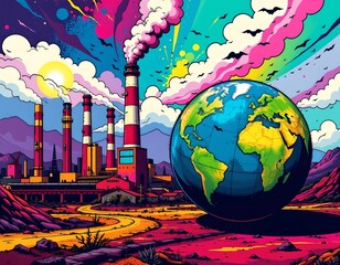 Obraz premium pop art composition with bold lines and bright contrasting colors of polluted factories behind a glass shield and a vibrant earth
