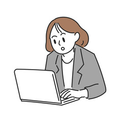 驚いた女性のパソコン作業イラスト