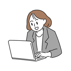 笑顔でパソコン作業する女性イラスト