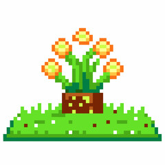 pixel art glowing plant in brown pot retro gaming style, green ground digital flora, vibrant pixels, fantasy nature