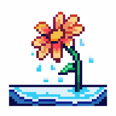 Obraz premium pixelated flower in vibrant colors, digital illustration retro block art with blooming petals, artistic design